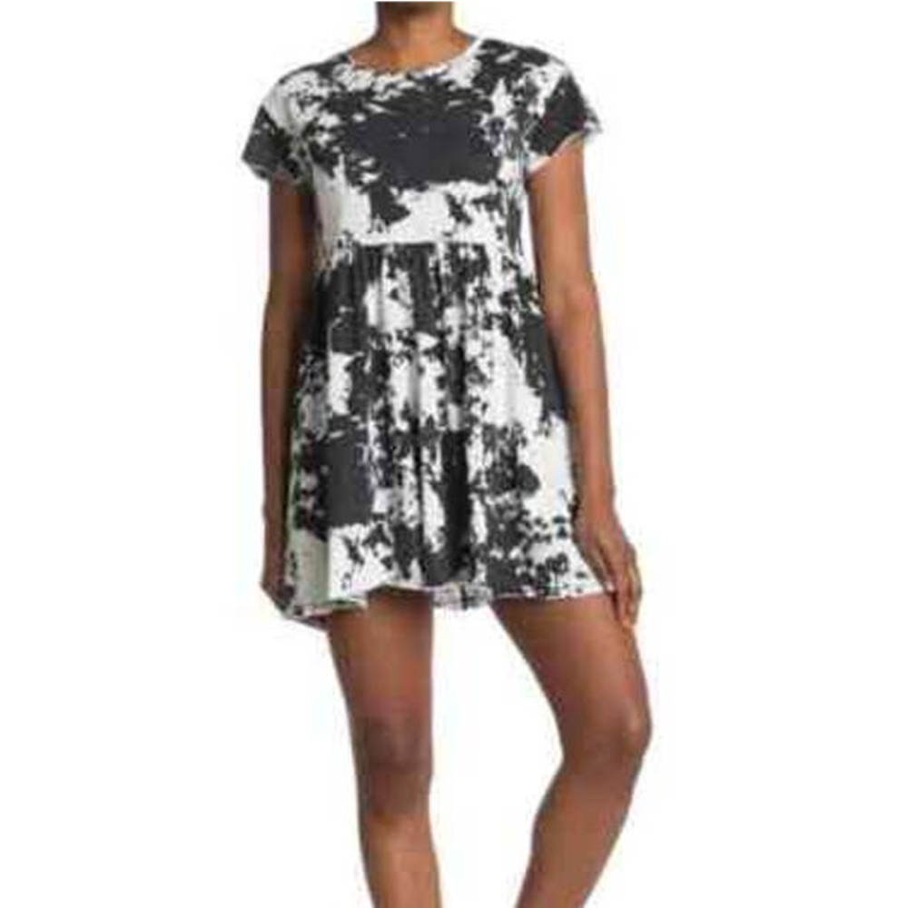 New Abound Tie Dye Babydoll Shirt Dress Short Sleeve Ivory Black Size XS